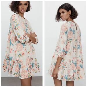 ZARA Floral The Sharon Dress Babydoll Tiered Mini Small Coquette Cottagecore